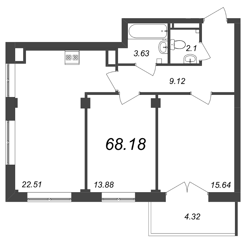 3-комнатная (Евро) квартира, 68.8 м² в ЖК "Neva Residence" - планировка, фото №1