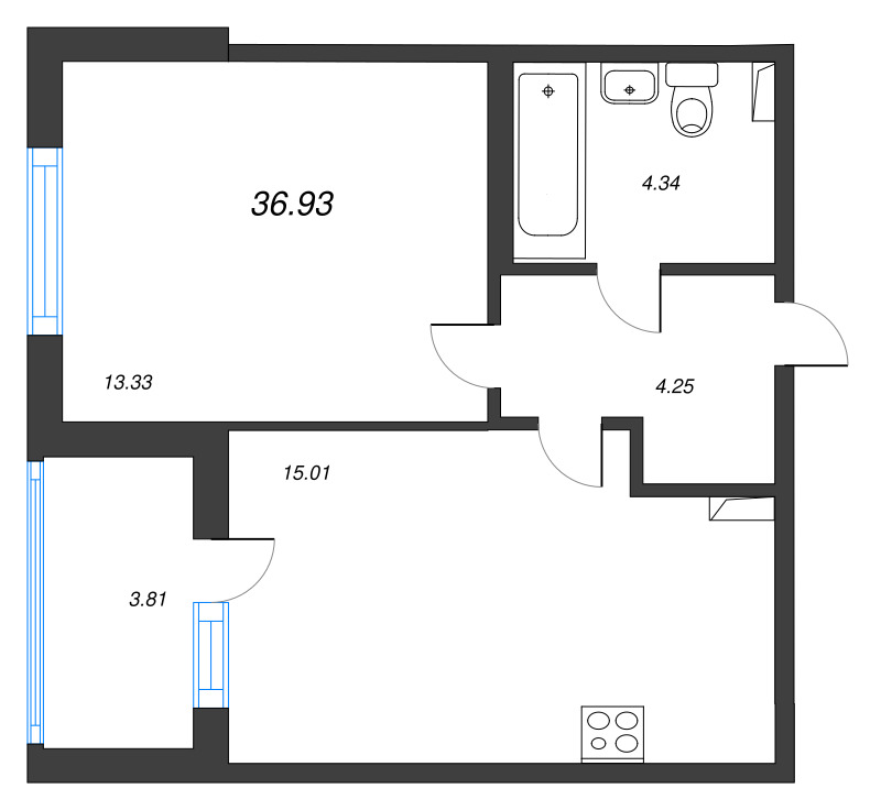 2-комнатная (Евро) квартира, 36.93 м² в ЖК "Любоград" - планировка, фото №1