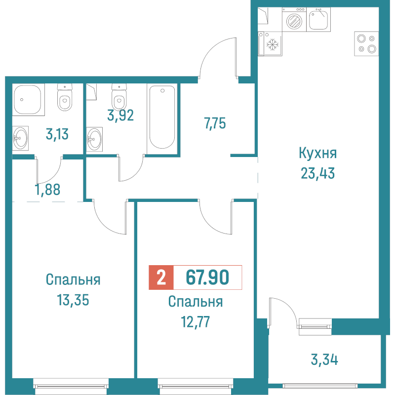 3-комнатная (Евро) квартира, 67.9 м² в ЖК "Графика" - планировка, фото №1