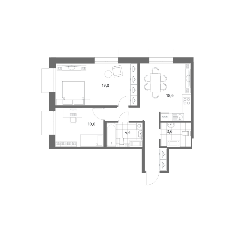 3-комнатная (Евро) квартира, 60.6 м² в ЖК "Парусная 1" - планировка, фото №1