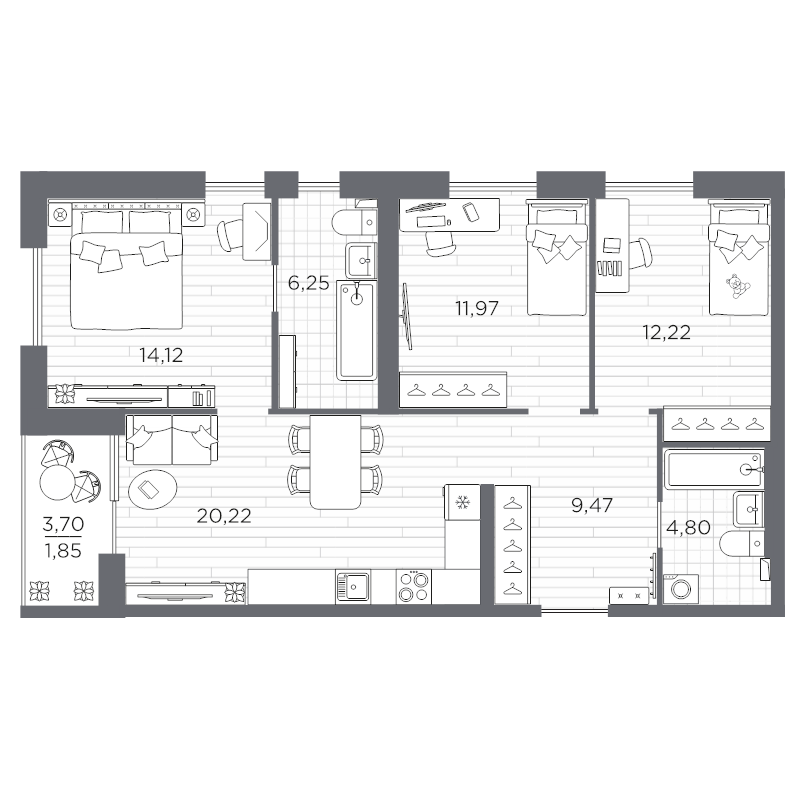 4-комнатная (Евро) квартира, 80.9 м² в ЖК "Сезоны" - планировка, фото №1