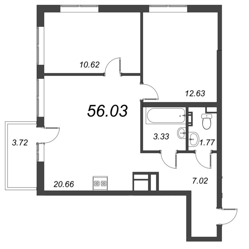 3-комнатная (Евро) квартира, 56.03 м² - планировка, фото №1