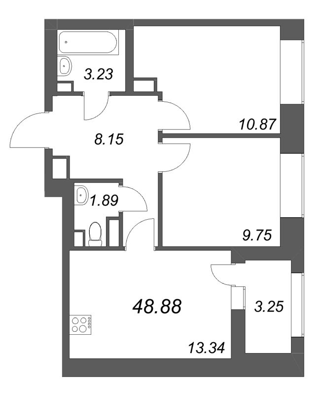2-комнатная квартира, 48.88 м² в ЖК "Аквилон Солар" - планировка, фото №1