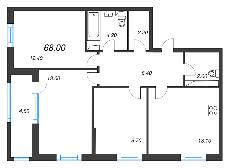 3-комнатная квартира, 68 м² - планировка, фото №1