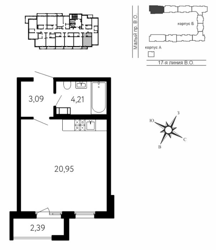Квартира-студия, 28.97 м² в ЖК "17-я линия" - планировка, фото №1