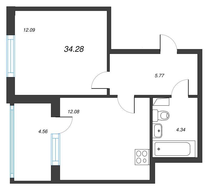 1-комнатная квартира, 34.28 м² в ЖК "ЮгТаун" - планировка, фото №1