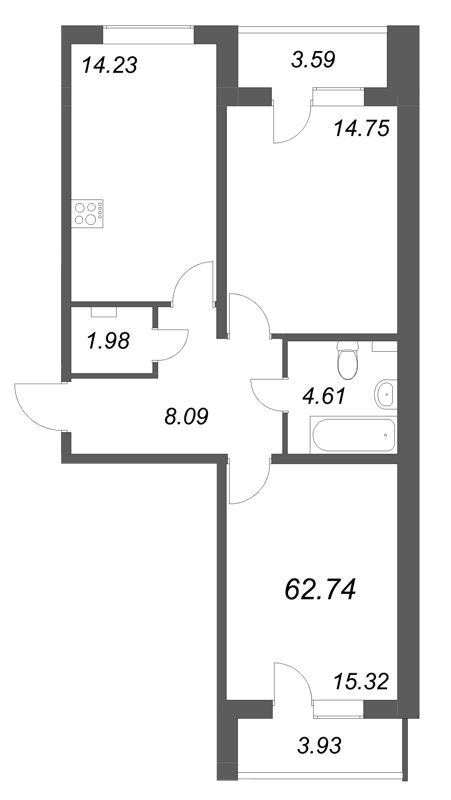 2-комнатная квартира, 62.74 м² в ЖК "АРО" - планировка, фото №1