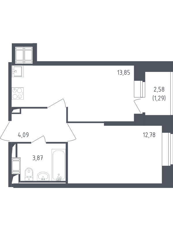 1-комнатная квартира, 35.88 м² в ЖК "Живи! В Рыбацком" - планировка, фото №1
