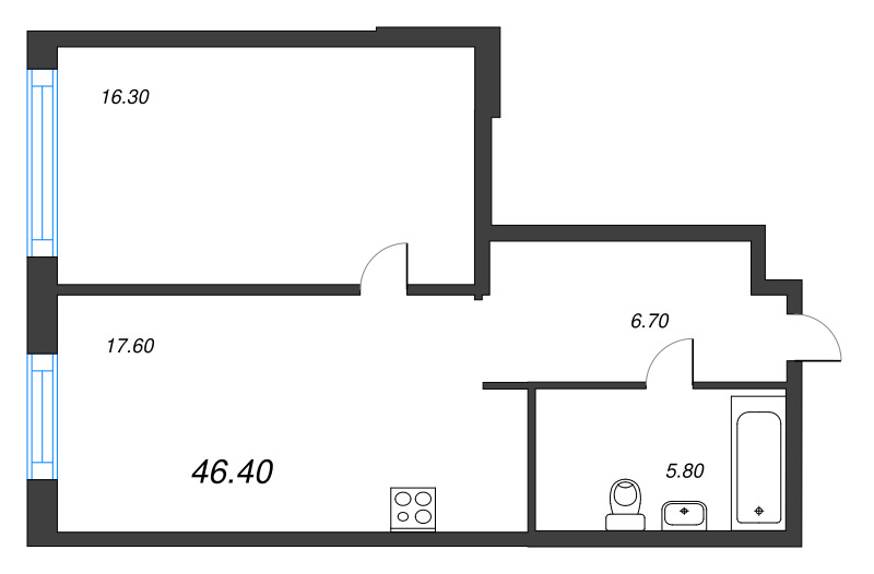 2-комнатная (Евро) квартира, 46.4 м² в ЖК "Струны" - планировка, фото №1