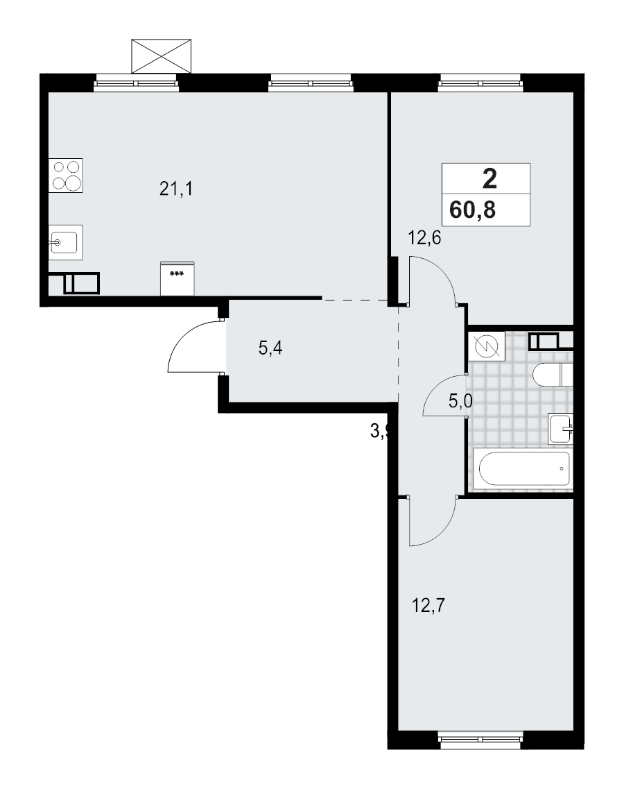 3-комнатная (Евро) квартира, 60.76 м² - планировка, фото №1