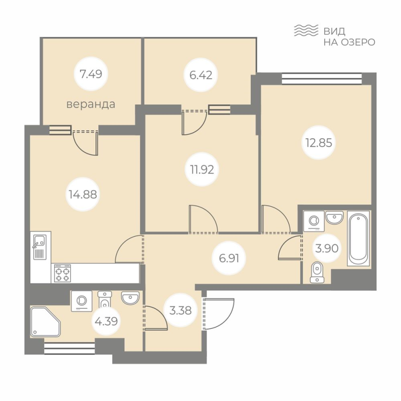 2-комнатная квартира, 67.65 м² - планировка, фото №1