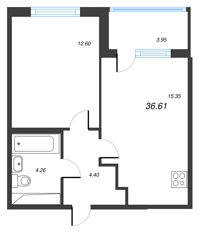 2-комнатная (Евро) квартира, 36.61 м² в ЖК "ЮгТаун" - планировка, фото №1