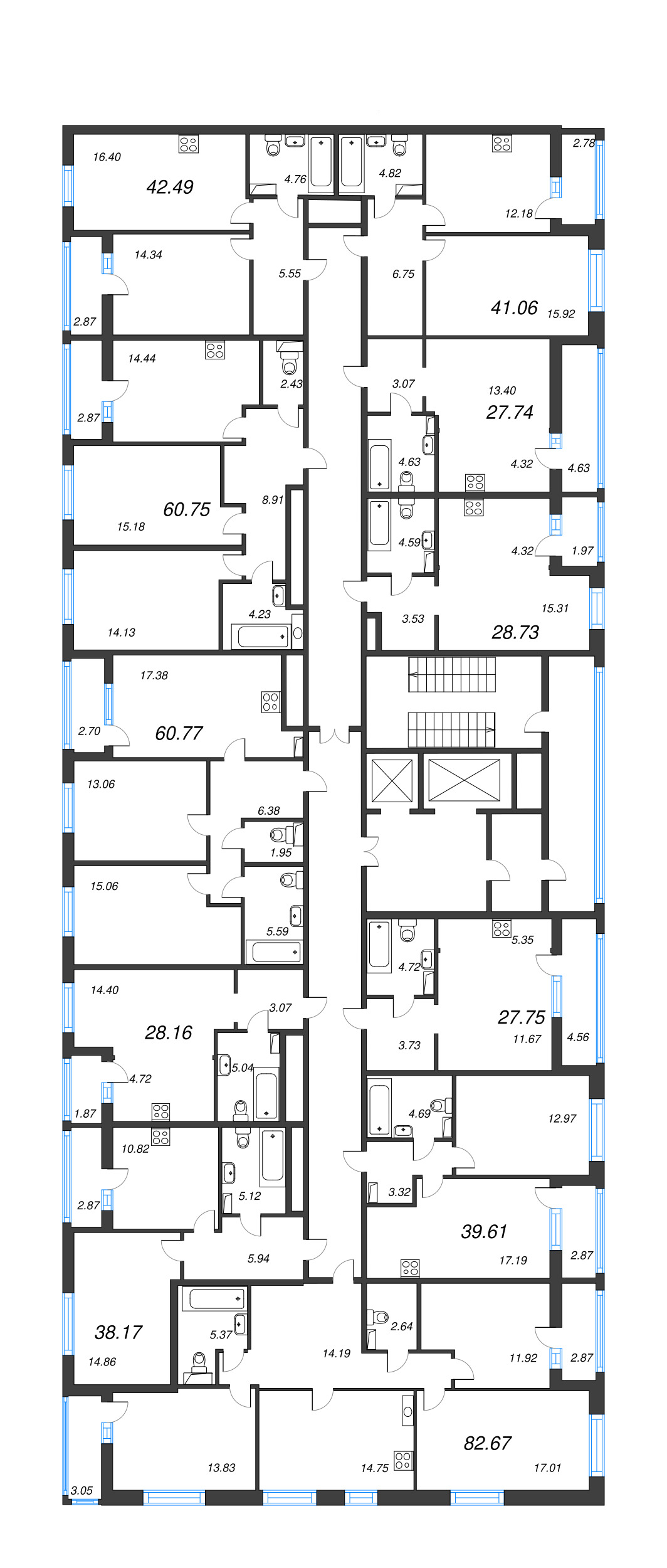 3-комнатная (Евро) квартира, 60.77 м² - планировка этажа
