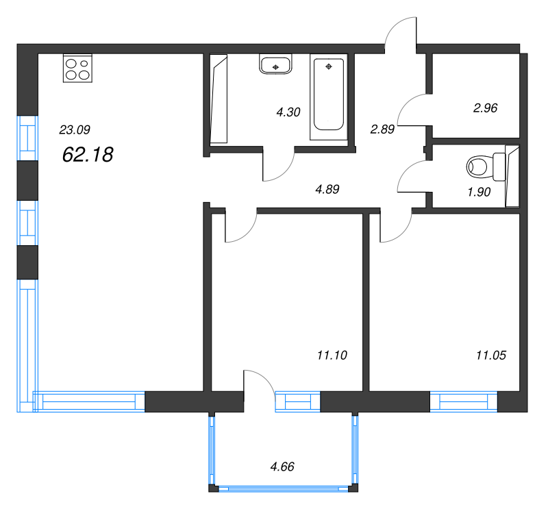 3-комнатная (Евро) квартира, 62.18 м² - планировка, фото №1