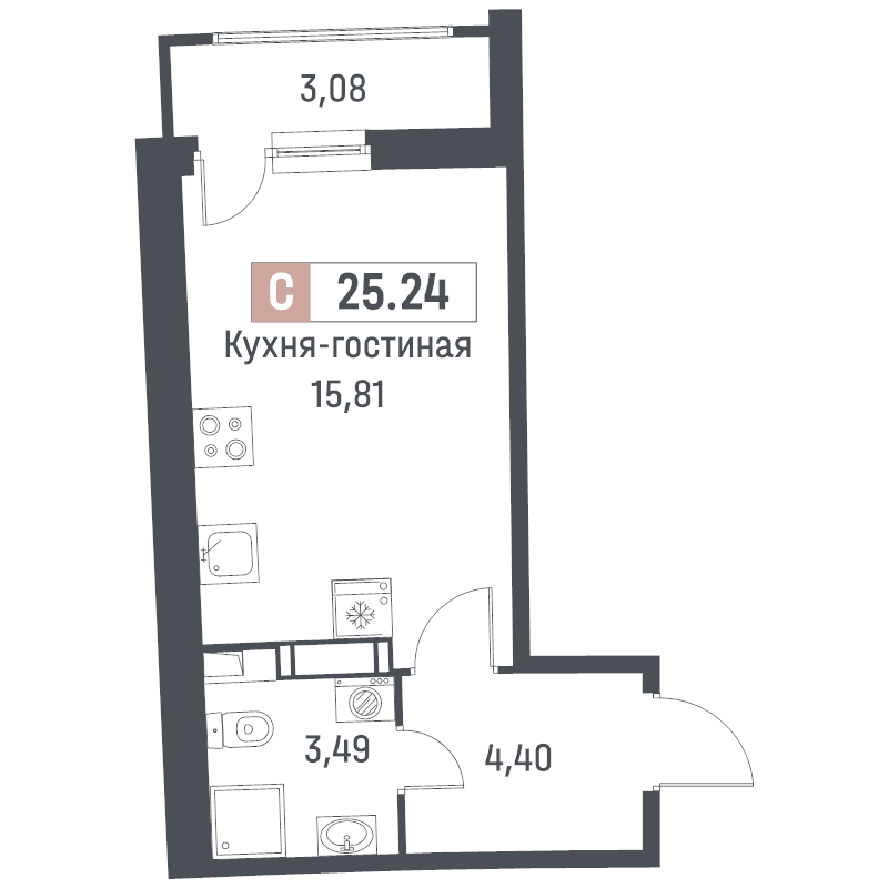 Квартира-студия, 25.24 м² в ЖК "Авиатор" - планировка, фото №1