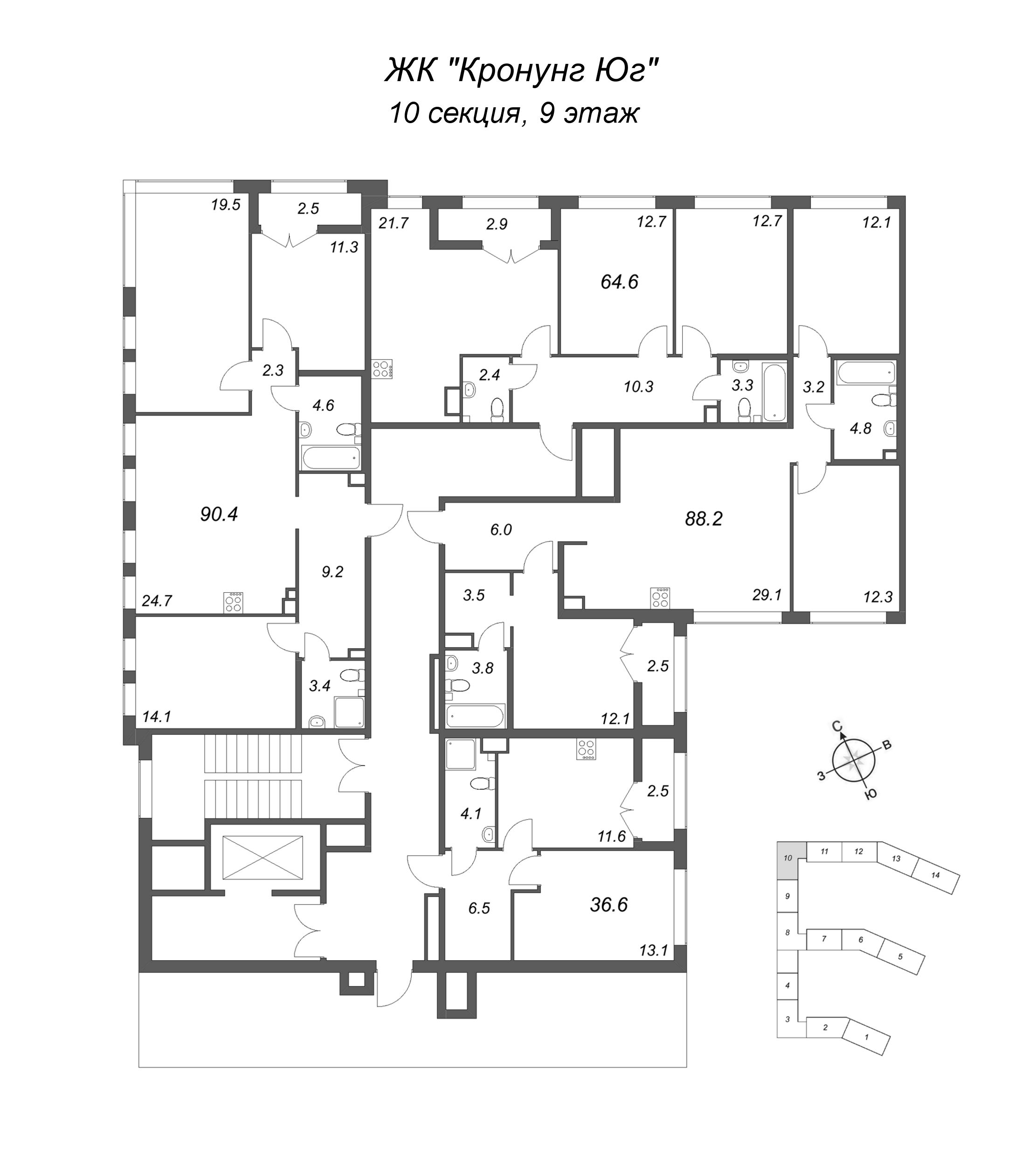 1-комнатная квартира, 36.6 м² в ЖК "Кронунг ЮГ" - планировка этажа