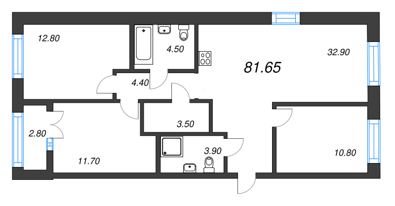 4-комнатная (Евро) квартира, 81.65 м² в ЖК "Новый Питер" - планировка, фото №1
