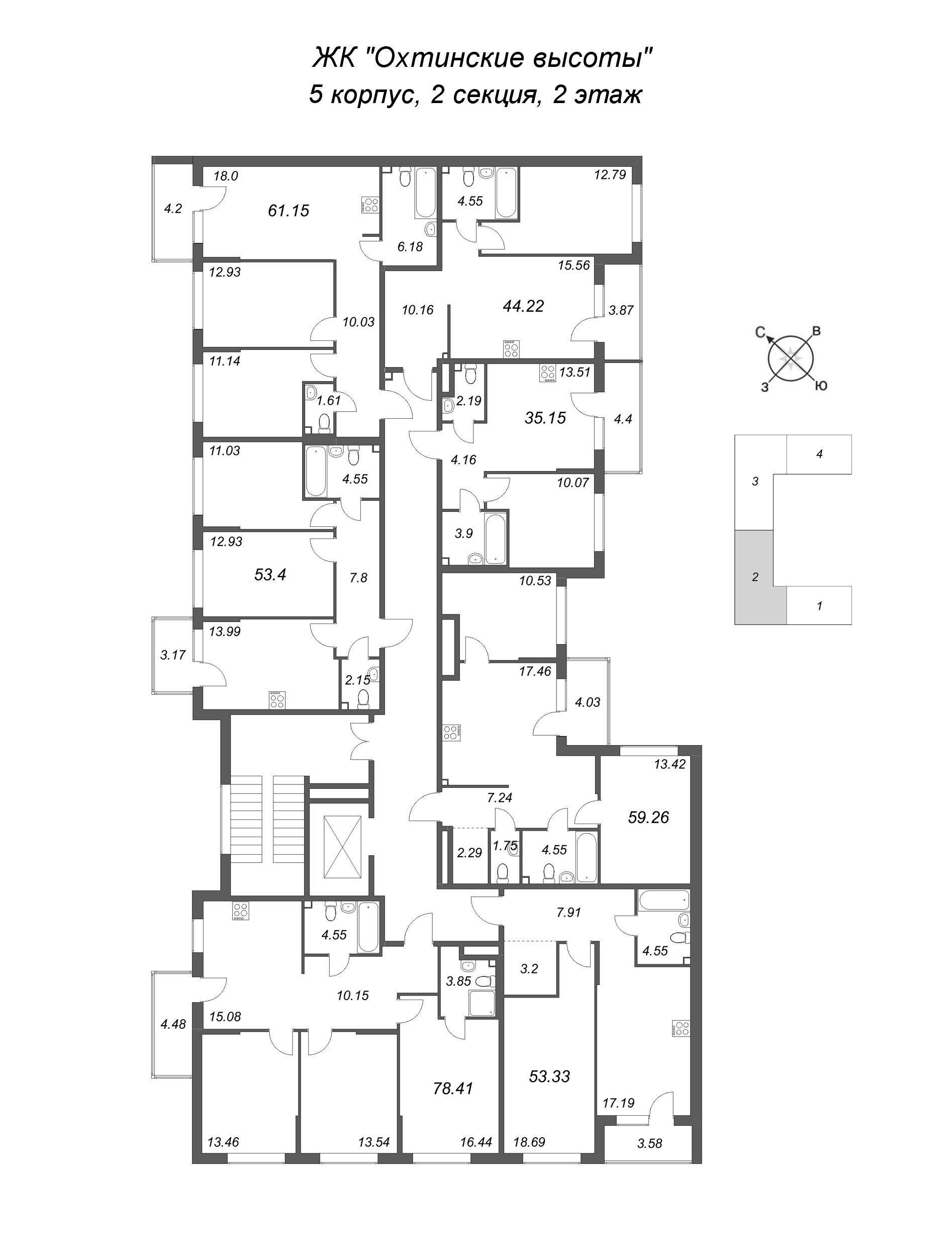 1-комнатная квартира, 35.15 м² в ЖК "Охтинские высоты" - планировка этажа