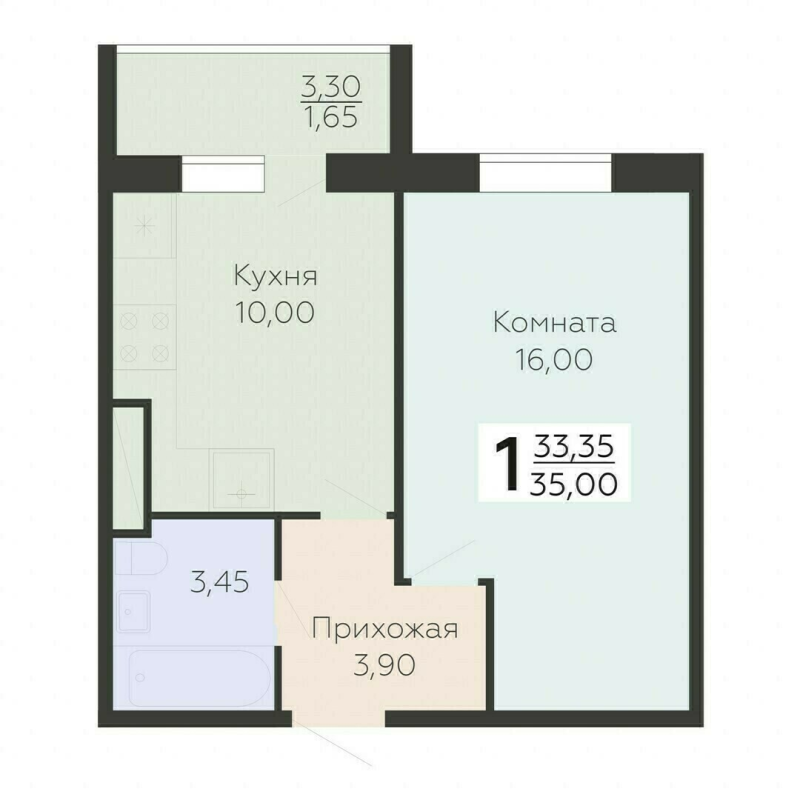 1-комнатная квартира, 35 м² - планировка, фото №1