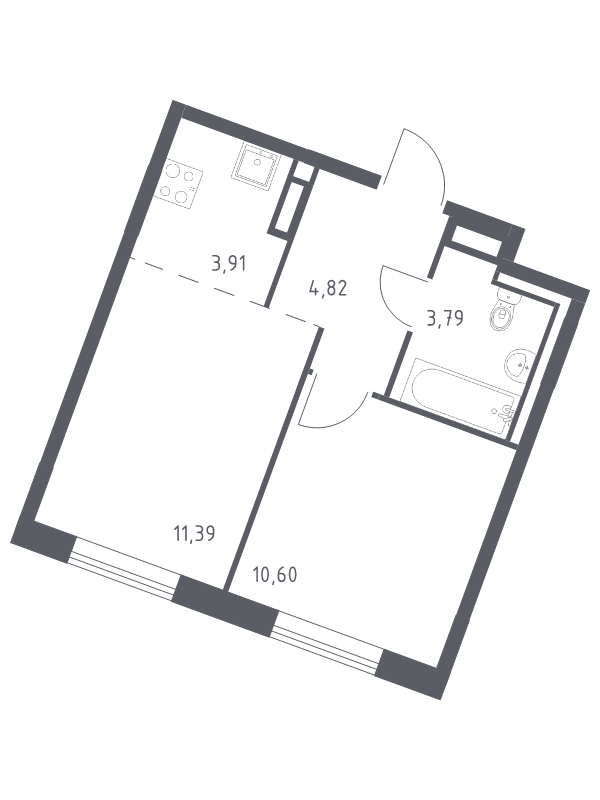 2-комнатная (Евро) квартира, 34.51 м² в ЖК "Квартал Лаголово" - планировка, фото №1