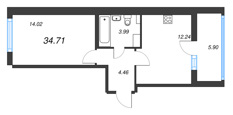 1-комнатная квартира, 34.71 м² - планировка, фото №1