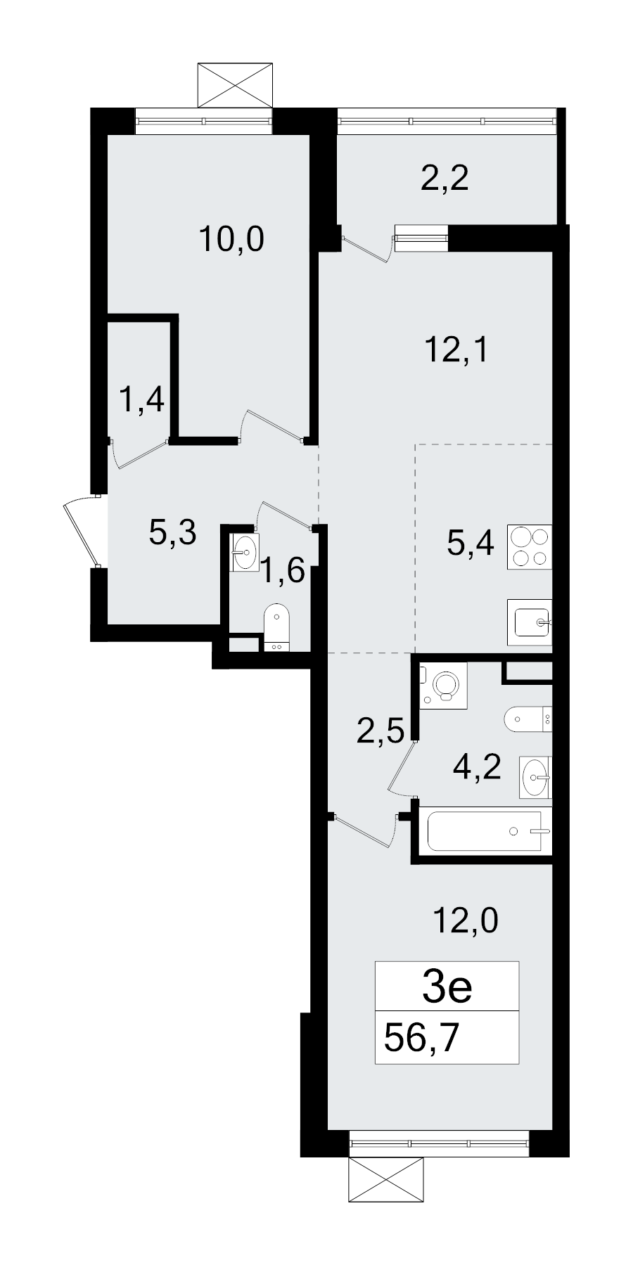 3-комнатная (Евро) квартира, 56.7 м² - планировка, фото №1