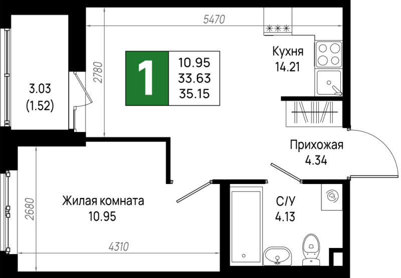 1-комнатная квартира, 35.15 м² в ЖК "Имена" - планировка, фото №1
