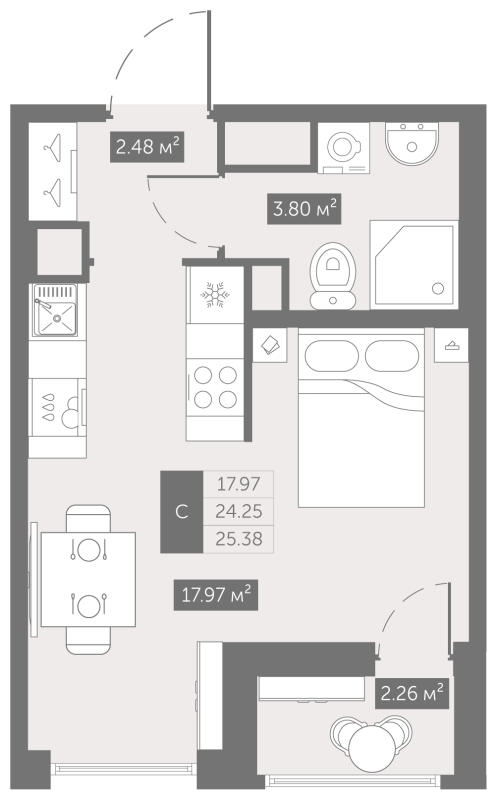 Квартира-студия, 25.38 м² - планировка, фото №1