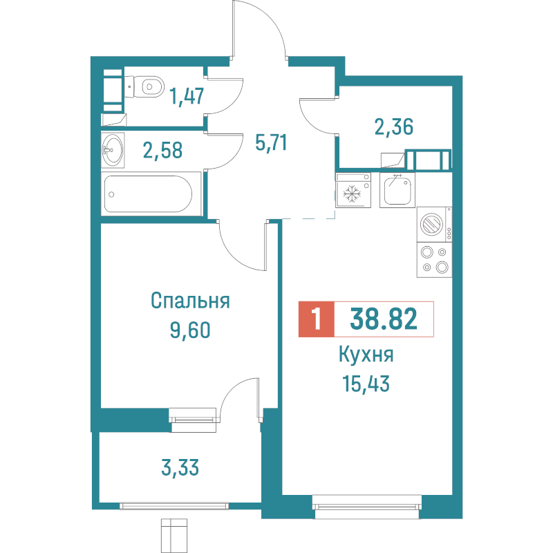 2-комнатная (Евро) квартира, 38.82 м² - планировка, фото №1