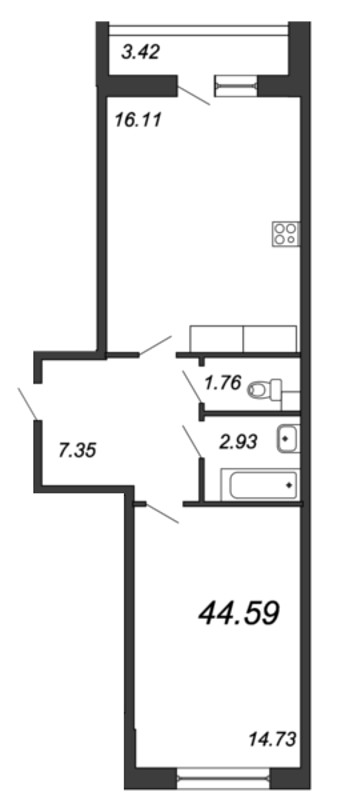 2-комнатная (Евро) квартира, 44 м² - планировка, фото №1