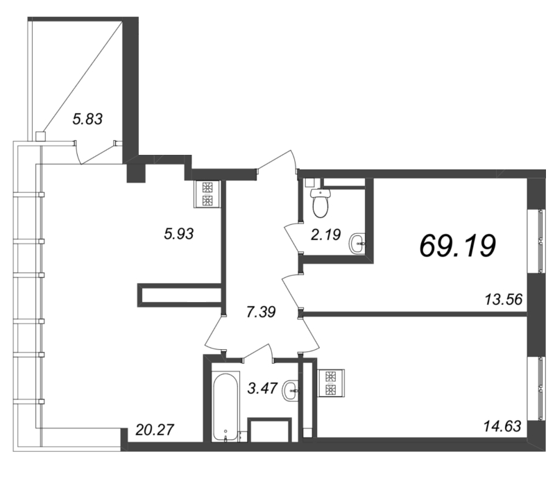 3-комнатная (Евро) квартира, 72.1 м² в ЖК "Neva Residence" - планировка, фото №1