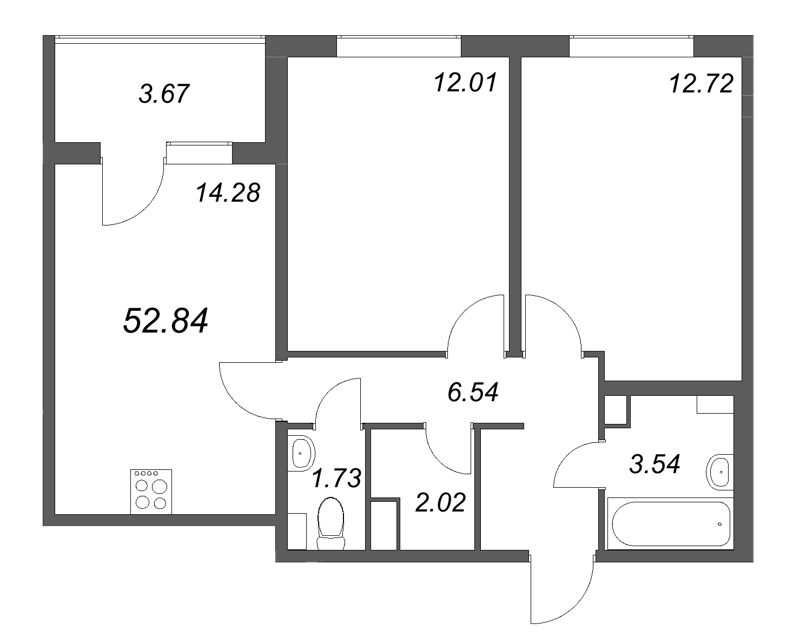 2-комнатная квартира, 52.84 м² в ЖК "Любоград" - планировка, фото №1