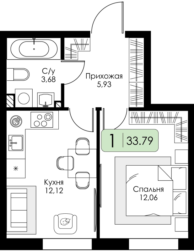 1-комнатная квартира, 33.79 м² в ЖК "Всевгород" - планировка, фото №1