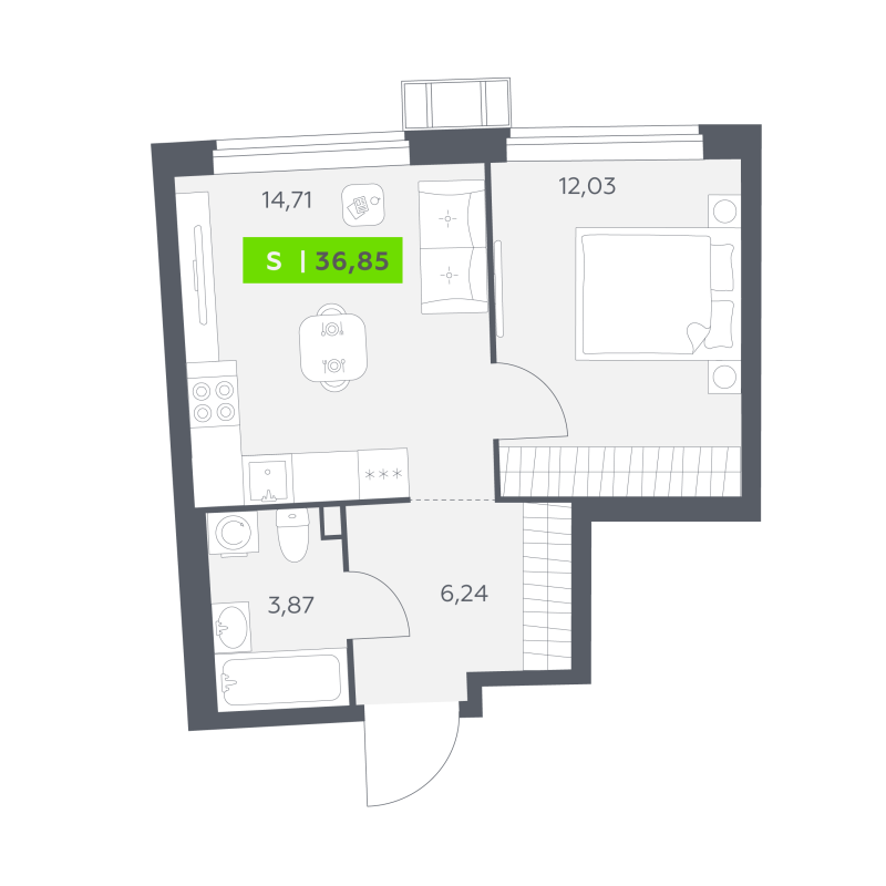 1-комнатная квартира, 36.85 м² в ЖК "Аквилон РИВА" - планировка, фото №1