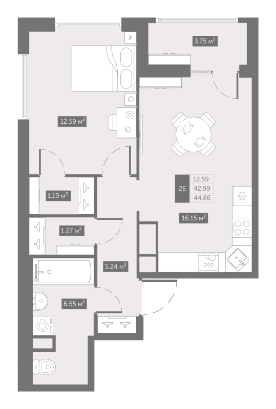 2-комнатная (Евро) квартира, 44.86 м² в ЖК "UP-квартал Новый Московский" - планировка, фото №1