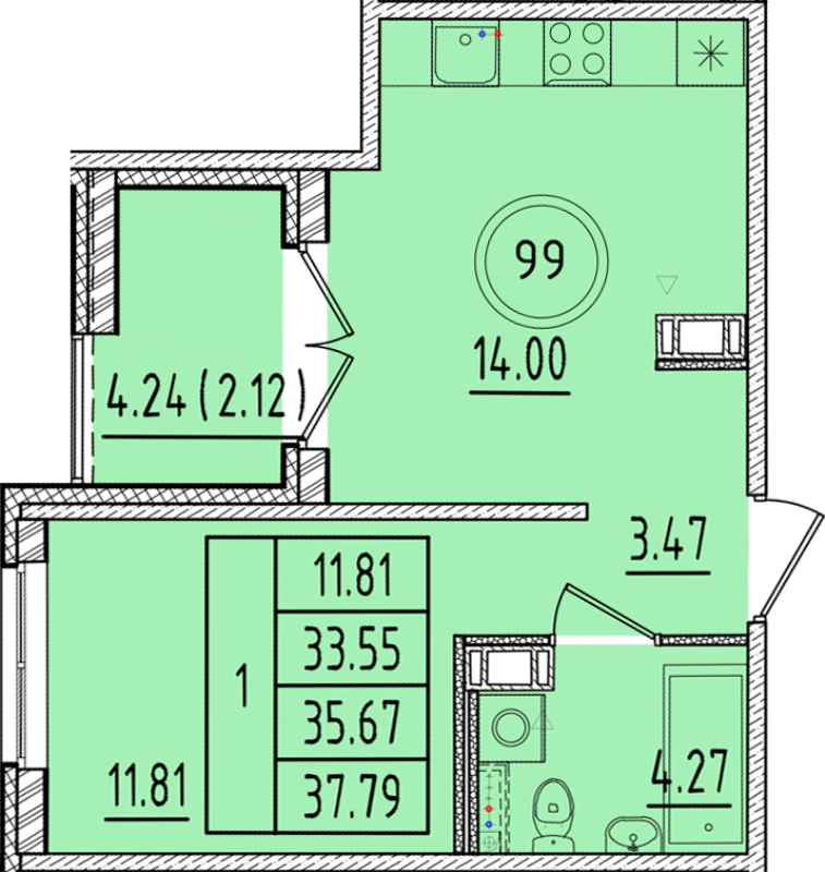 1-комнатная квартира, 33.55 м² - планировка, фото №1