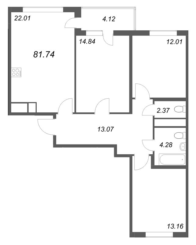 4-комнатная (Евро) квартира, 81.74 м² - планировка, фото №1