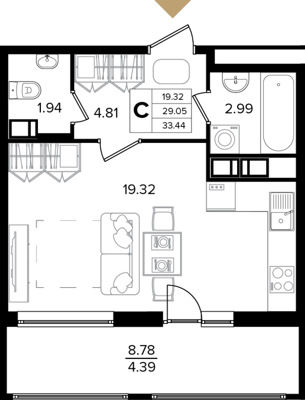 Квартира-студия, 33.44 м² - планировка, фото №1