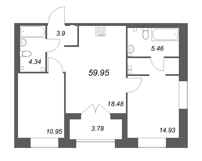 3-комнатная (Евро) квартира, 59.95 м² в ЖК "Ranta Residence" - планировка, фото №1