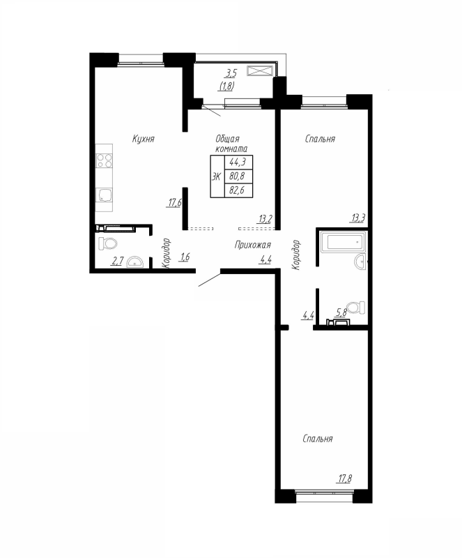 4-комнатная (Евро) квартира, 82.6 м² в ЖК "Сибирь" - планировка, фото №1