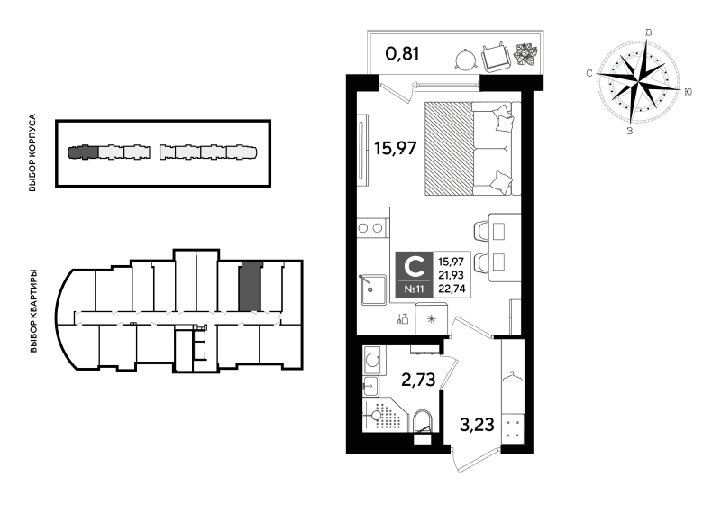 Квартира-студия, 22.74 м² в ЖК "Догма Юкки" - планировка, фото №1