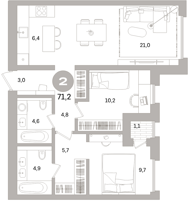 3-комнатная (Евро) квартира, 71.2 м² в ЖК "Северный ветер" - планировка, фото №1