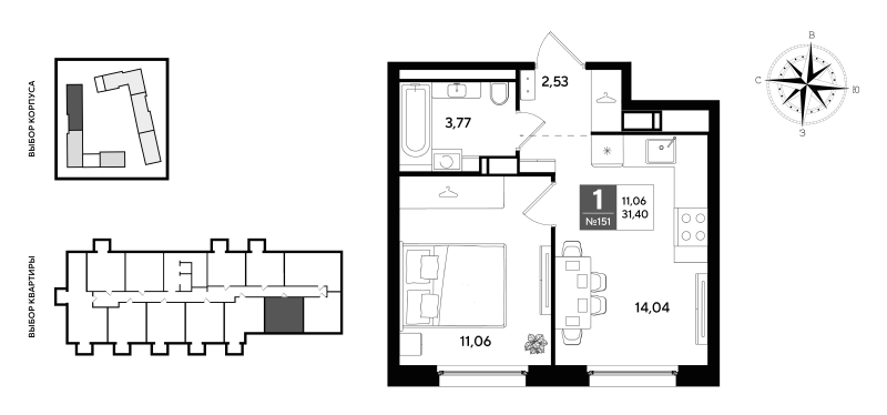 1-комнатная квартира, 31.4 м² в ЖК "Догма Юкки 2" - планировка, фото №1