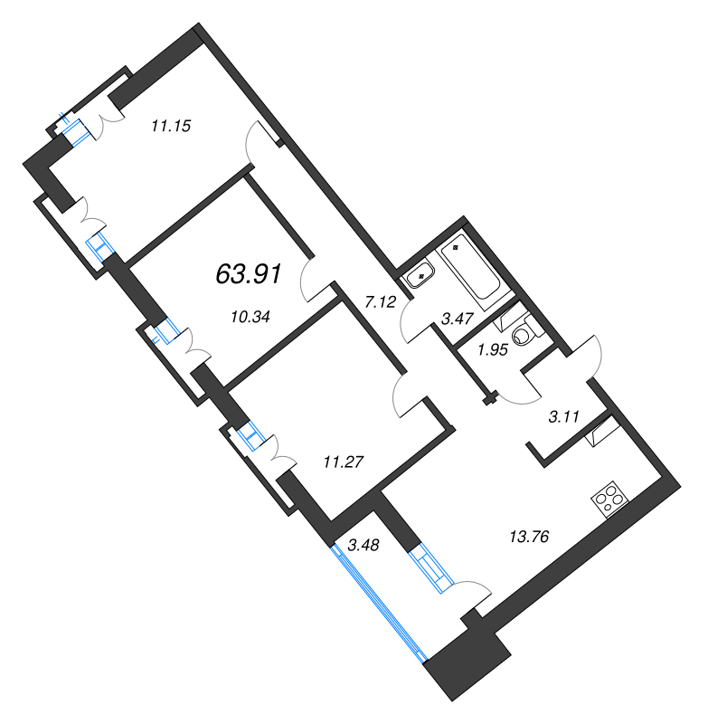 3-комнатная квартира, 63.91 м² - планировка, фото №1