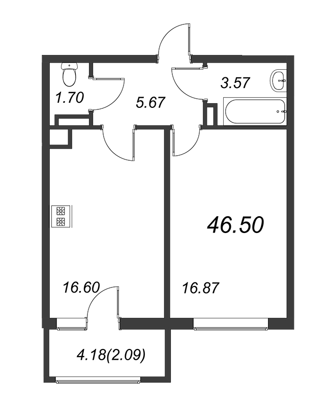 1-комнатная квартира, 46.4 м² - планировка, фото №1