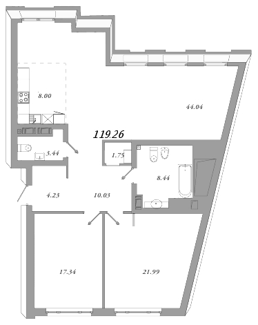 3-комнатная (Евро) квартира, 121.9 м² - планировка, фото №1
