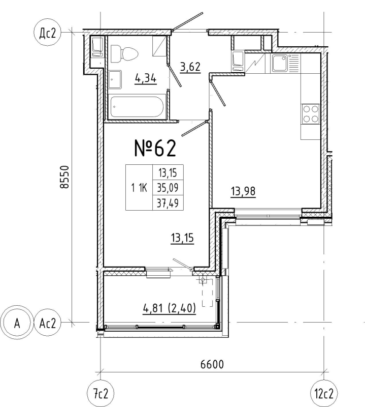 1-комнатная квартира, 37.49 м² в ЖК "N8" - планировка, фото №1