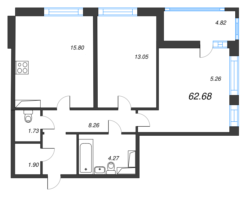 3-комнатная (Евро) квартира, 62.68 м² - планировка, фото №1