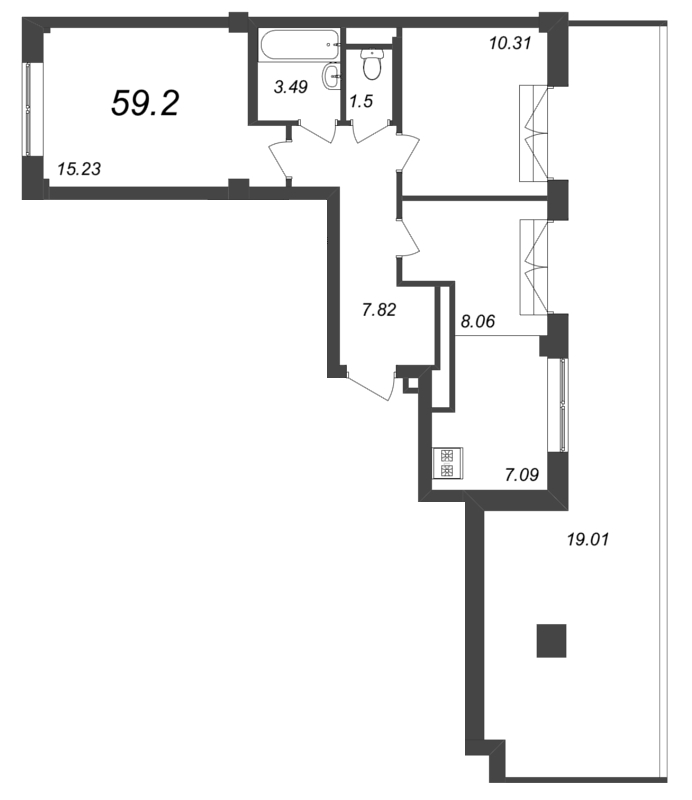 3-комнатная (Евро) квартира, 59.2 м² в ЖК "Neva Residence" - планировка, фото №1