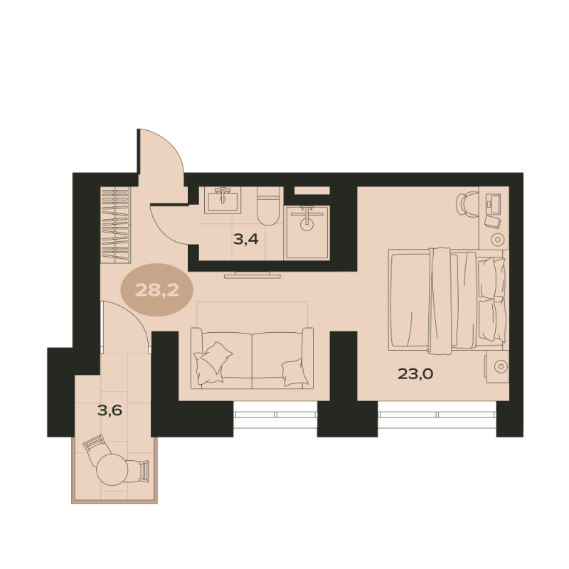 2-комнатная квартира, 30 м² в ЖК "Место в Смолячково" - планировка, фото №1